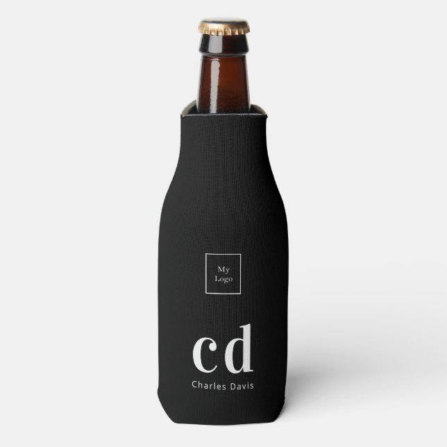 Logo black white business monogram name  bottle cooler (Bottle Front)