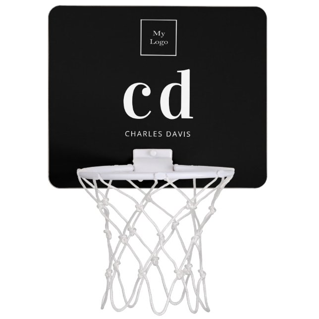 Logo black white monogram initials name business mini basketball hoop (Front)