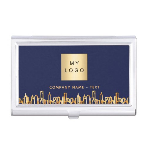 Logo blue gold city skyline business real estate business card case