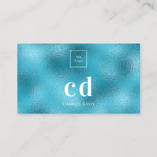 Logo blue ocean sea metallic monogram business card (Front)