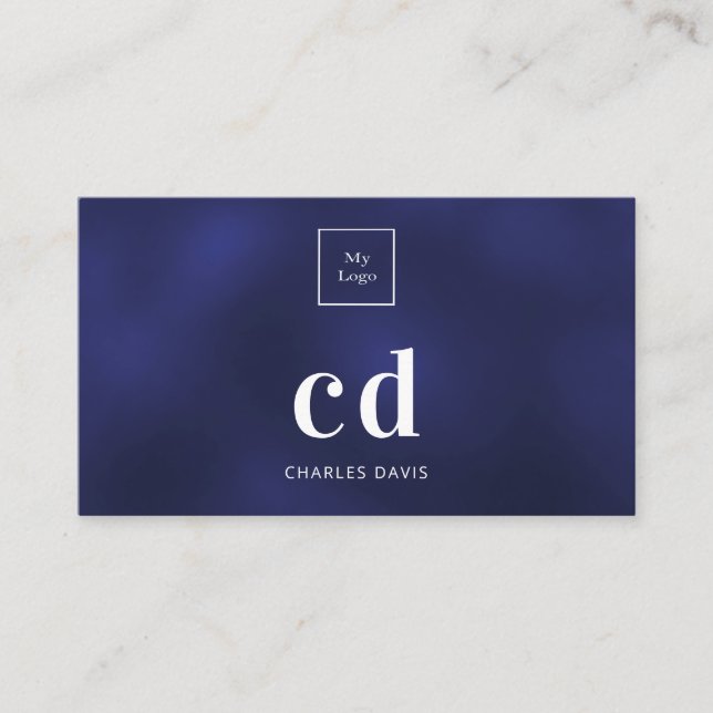 Logo blue white monogram initials minimalist business card (Front)