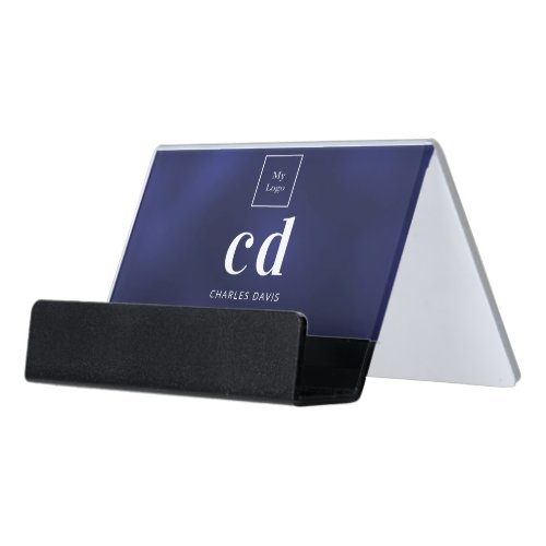 Logo blue white monogram initials minimalist desk business card holder