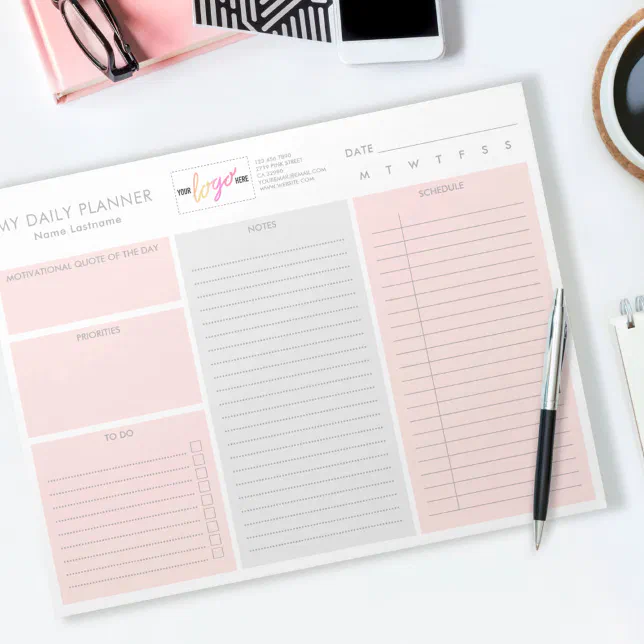 Logo Blush Pink Modern Undated Daily Planner Notepad | Zazzle