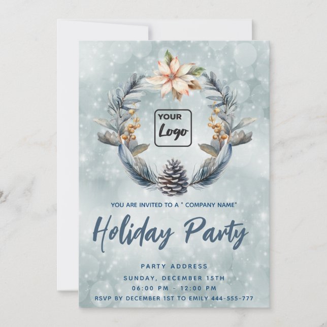 Logo Boho Pine cone wreath holiday party corporate Invitation (Front)