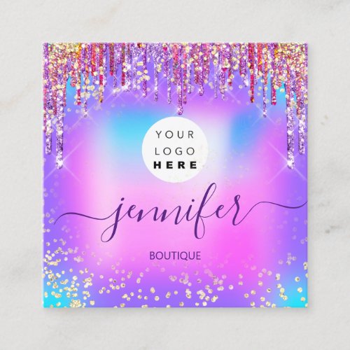 Logo Boutique Shop Glitter Drips Holograph Pink Square Business Card