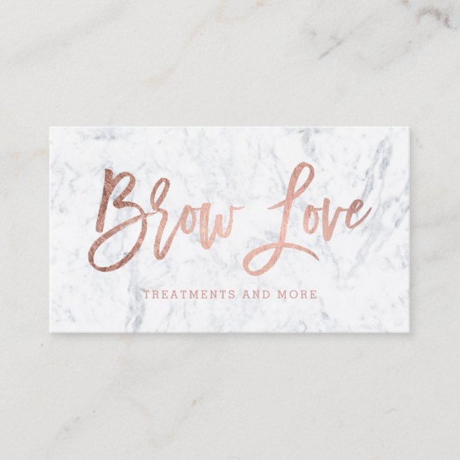 Logo brow faux rose gold typography white marble business card (Front)