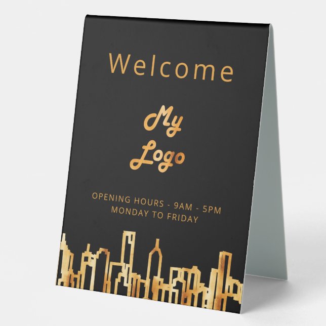 Logo business black gold city skyline welcome table tent (Front)