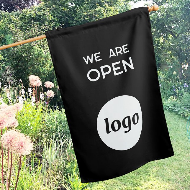 Logo Business Branding We Are Open Black House Flag (We Are Open Simple logo with custom text business branding promotional outdoor flag)