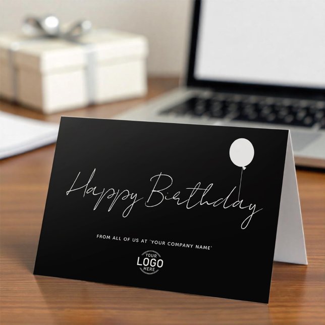 Logo Business Elegant Black White Balloon Birthday Card (Creator Uploaded)