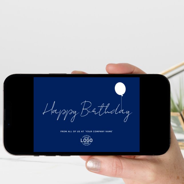 Logo Business Elegant Blue White Balloon Birthday Card (Front Digital)