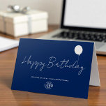 Logo Business Elegant Blue White Balloon Birthday Card<br><div class="desc">Celebrate professional relationships with style using this minimalist simple navy blue and white business birthday greeting card. Featuring modern script "Happy Birthday" text in white and a simple balloon illustration, this card exudes sophistication and warmth. Designed with versatility in mind, it includes a place for your logo on the front...</div>