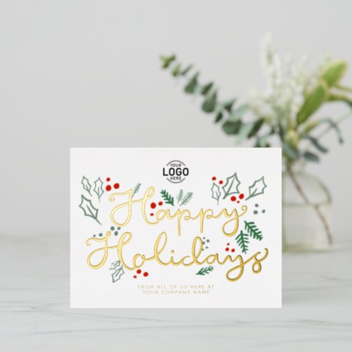 Logo Business Gold Lettering Happy Holidays White Foil Holiday Postcard