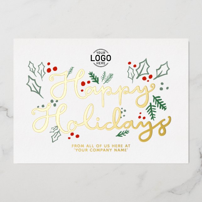 Logo Business Gold Lettering Happy Holidays White Foil Invitation (Front)