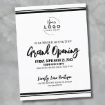 Logo Business Grand Opening Postcard<br><div class="desc">A clean and simple white invitation with black fonts and details, perfect for a business grand opening, brand launch, or product party event. The design features a crisp white background with customizable black text and space to add your logo at the top for a professional branded touch. Easily personalize the...</div>