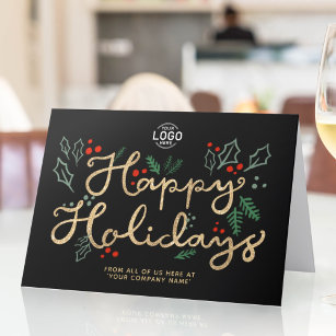 Logo Business Lettering Gold Happy Holidays Black Card