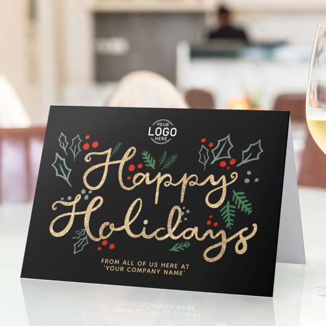 Logo Business Lettering Gold Happy Holidays Black Card (Creator Uploaded)