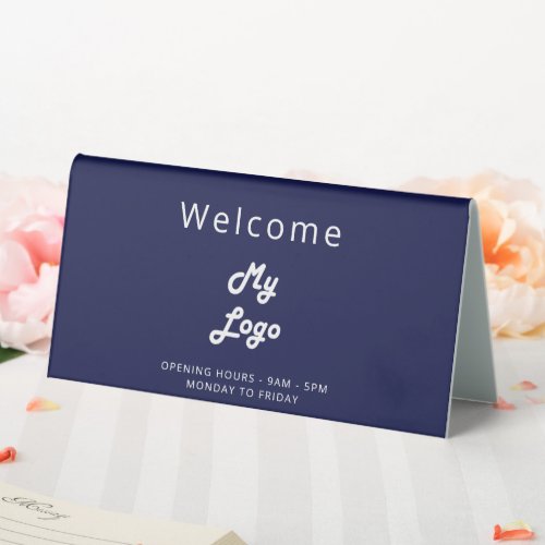 Logo business navy blue open closed desk table tent sign