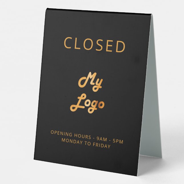 Logo business open closed black gold table tent (Back)