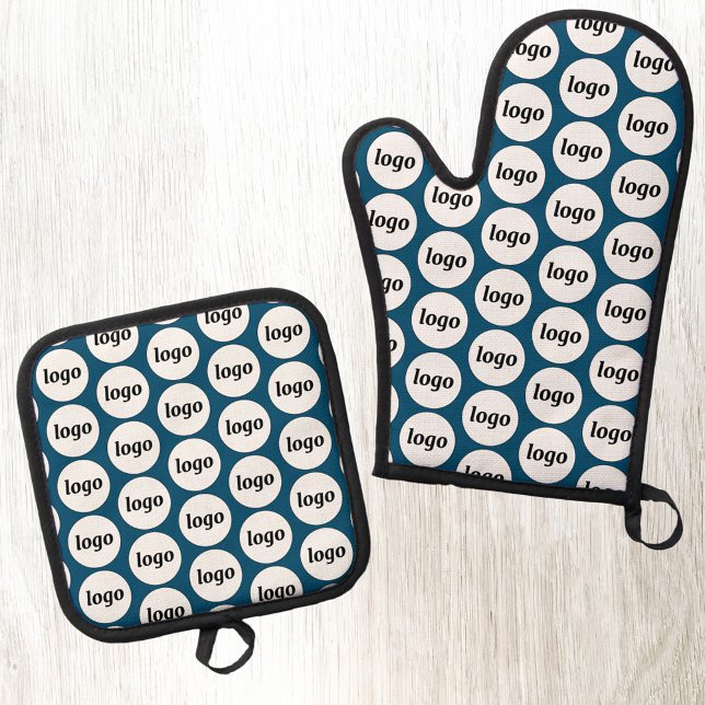 Logo Business Promotional Pattern Teal Green Oven Mitt & Pot Holder Set (Simple logo pattern business promotional oven mitt and pot holder)