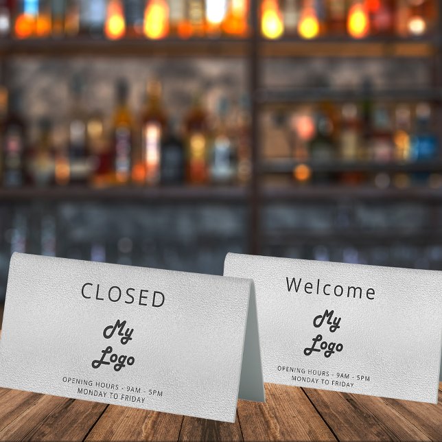 Logo business silver metal open closed desk table tent (Creator Uploaded)