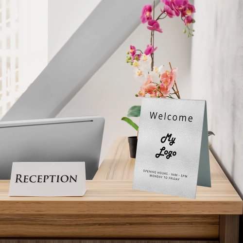 Logo business silver metal welcome table tent sign