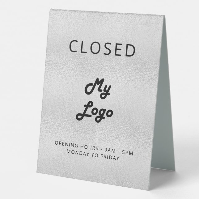 Logo business silver open closed table tent (Back)