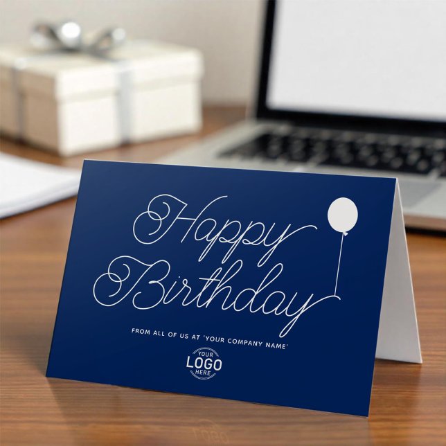 Logo Business Simple Blue White Balloon Birthday Card (Creator Uploaded)