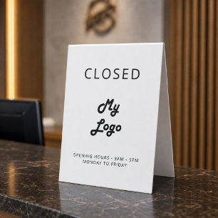 Logo business white black open closed table tent
