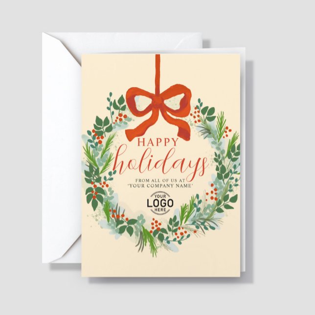 Logo Christmas Wreath Hand Painted Business Holiday Card (Creator Uploaded)