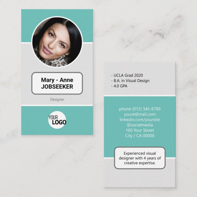 Logo Circle Frame Classic Job Seeker Classy Teal Business Card (Front/Back)