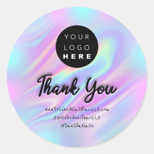 Logo Company Name Thank Holograph Blue Pink  Classic Round Sticker