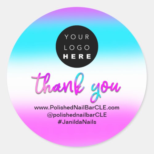 Logo Company Name Thank You Holograph Blue Pink Classic Round Sticker