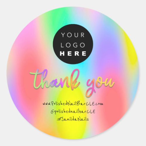 Logo Company Name Thank You Holograph Rainbow Pink Classic Round Sticker