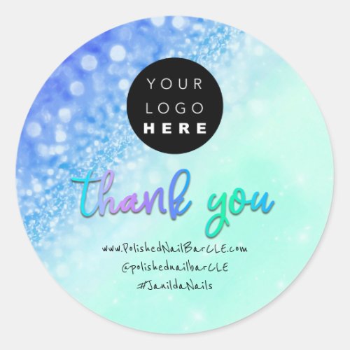 Logo Company Name Thank You Shopping Blue Glitters Classic Round Sticker