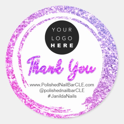 Logo Company Name Thank You Shopping Pink Glitter Classic Round Sticker