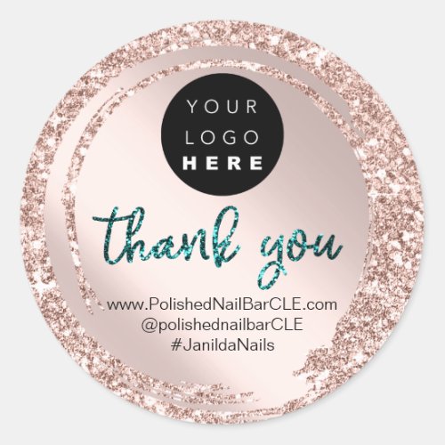 Logo Company Name Thank You Shopping Rose Teal  Classic Round Sticker