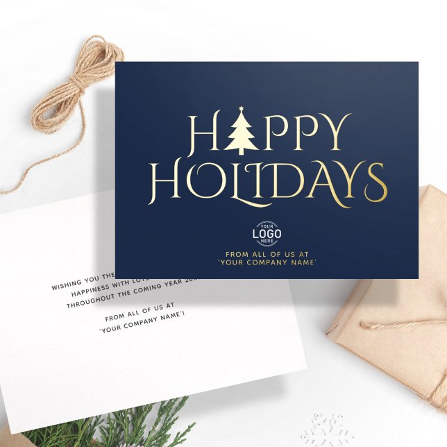 Logo Corporate Elegant Navy Blue Christmas Happy Foil Holiday Card (Creator Uploaded)