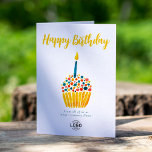Logo Corporate Simple Colorful Cupcake Birthday Card<br><div class="desc">Celebrate birthdays in a fun and professional way with this custom corporate happy birthday card featuring a simple, cute watercolor cupcake with a single candle in cheerful yellow, red, and blue tones. Set against a clean white background, which can be customized to any color, this modern and stylish design is...</div>