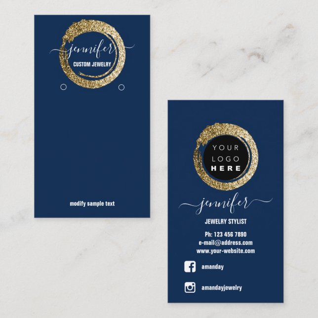 Logo Custom Jewelry Social Media Blue Navy Gold Business Card (Front/Back)
