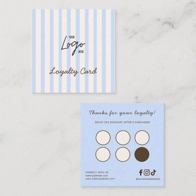 Logo Cute Blue & Ivory Stripes Bakery Loyalty Card (Front/Back)