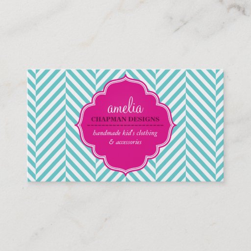 Customizable LOGO cute bold herringbone pattern turquoise pink Business Card
