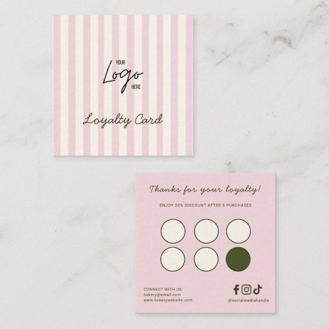 Logo Cute Pink & Ivory Stripes Bakery Loyalty Card (Front/Back)