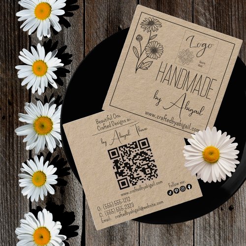 Logo Daisy Floral Minimalist Handmade Handcrafted Square Business Card