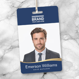 Logo dark blue faux golden wave employee name id badge
