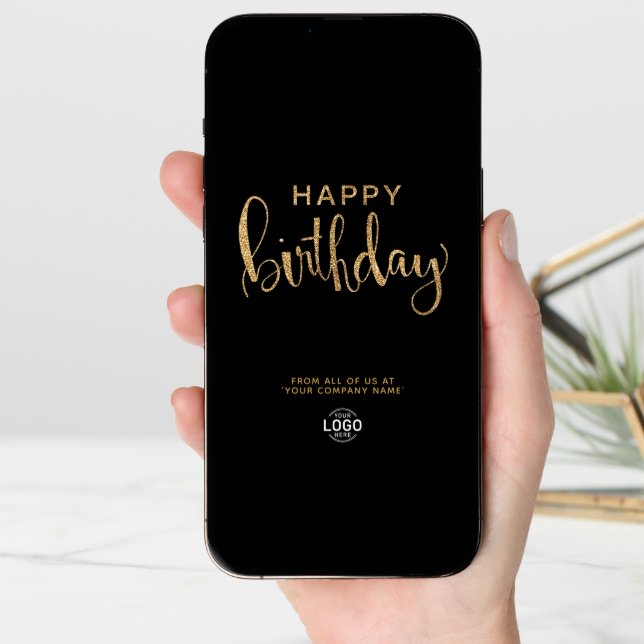Logo Elegant Faux Gold Black Happy Birthday Card (Front Digital)