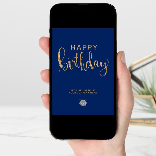 Logo Elegant Faux Gold Navy Blue Happy Birthday Card (Front Digital)