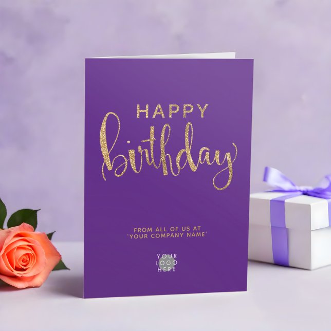 Logo Elegant Faux Gold Sleek Purple Happy Birthday Card (Creator Uploaded)