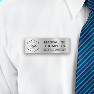 Logo Employee Job Title Metallic Silver Color Name Tag