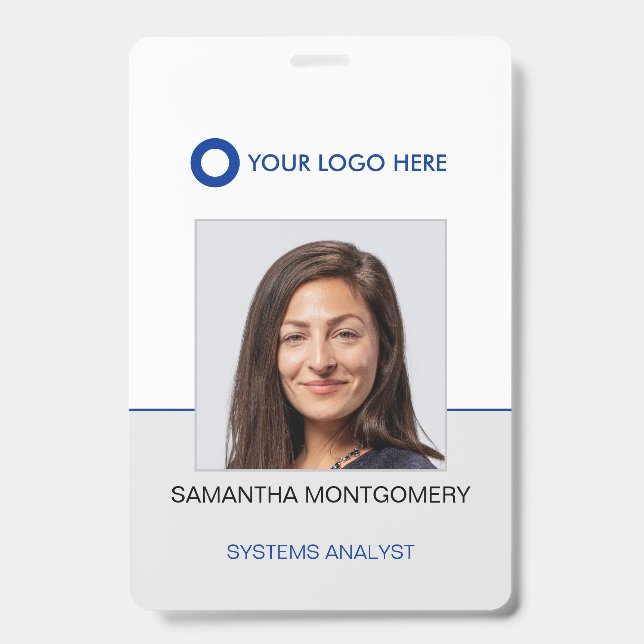 Logo Employee Photo Name Bar Code Blue Grey ID Badge (Front)