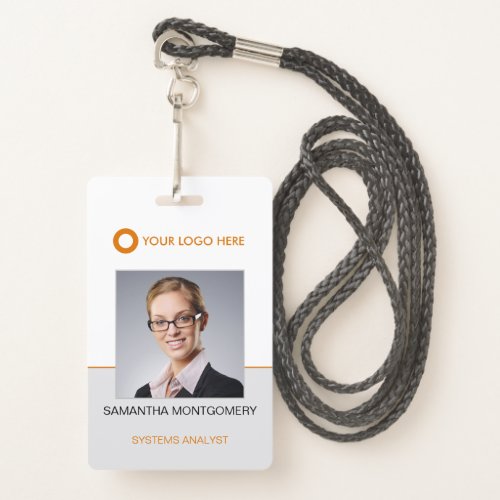 Logo Employee Photo Name Bar Code Orange Grey ID Badge